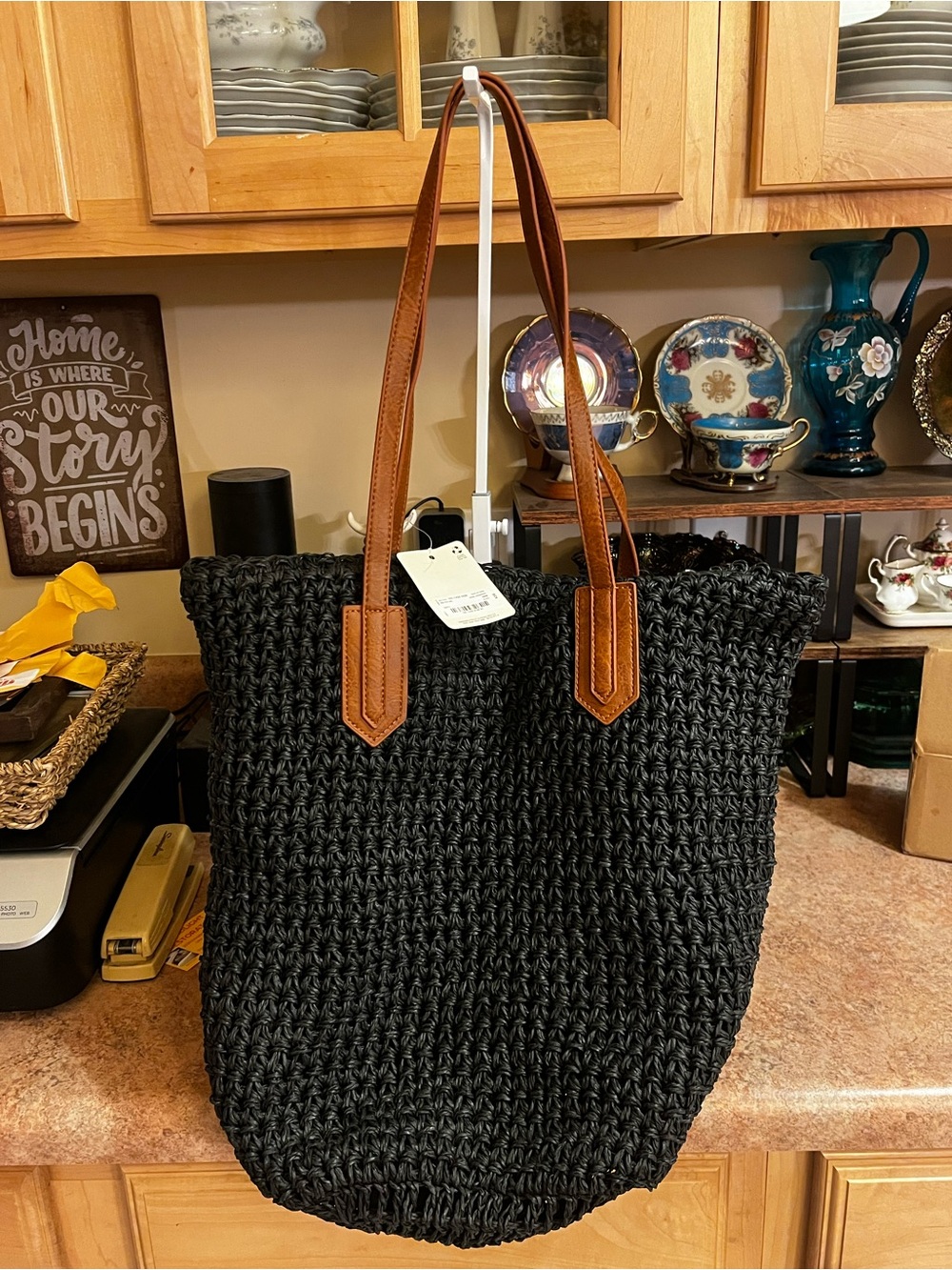 Anna Black Woven Tote with Brown Handles
